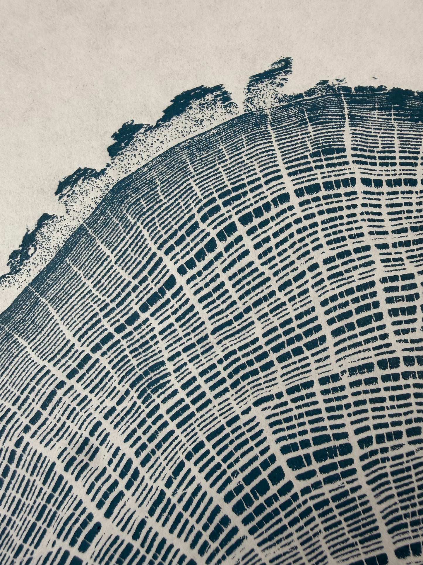 GrilloWoodPrint aus Eichenholz, handgedruckt mit einer blauen Relief-Ink-Mischung auf hochwertigem Papier.