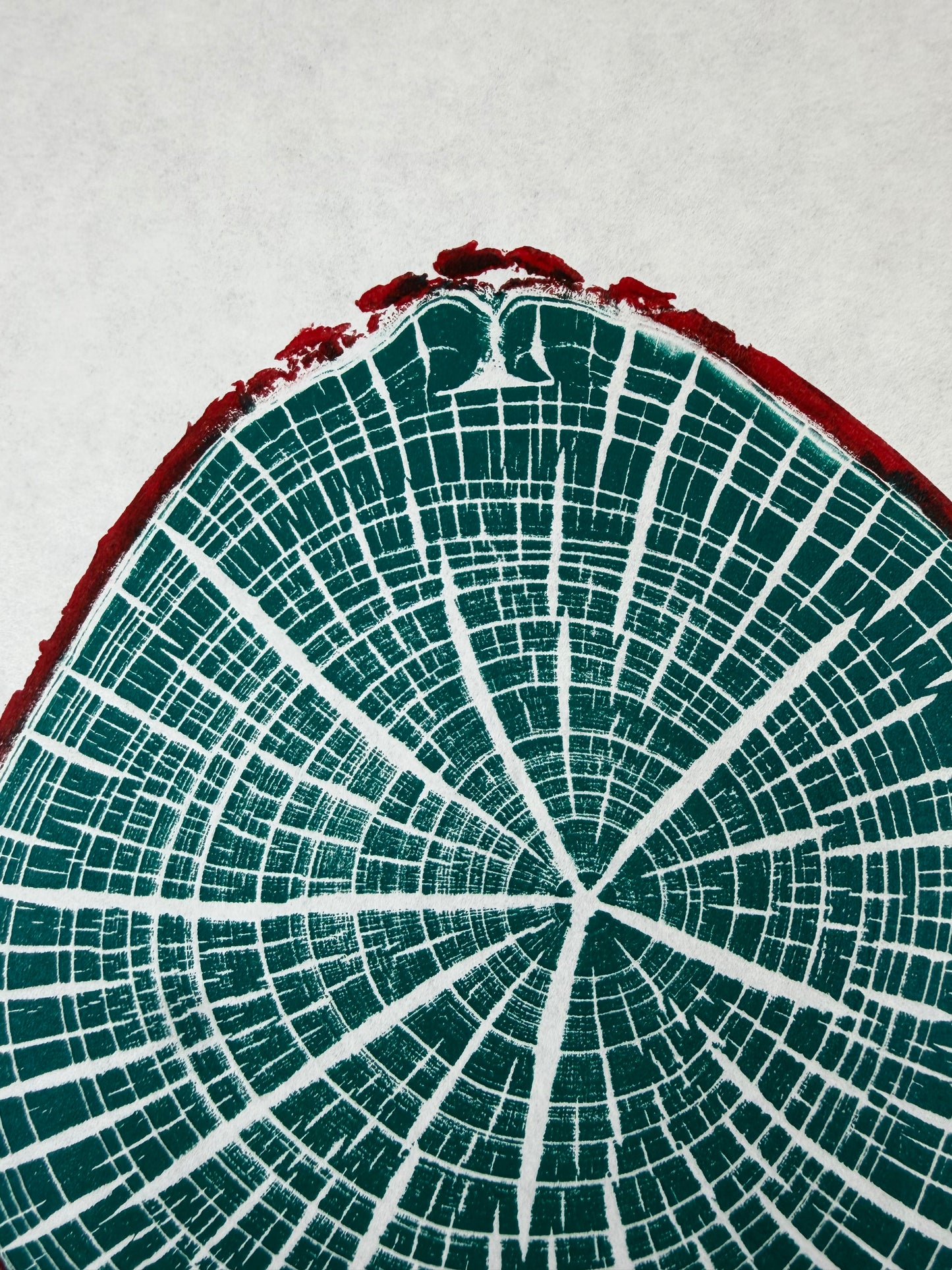 GrilloWoodPrint aus Kirschholz, handgedruckt mit einer blau roten relief ink Mischung.