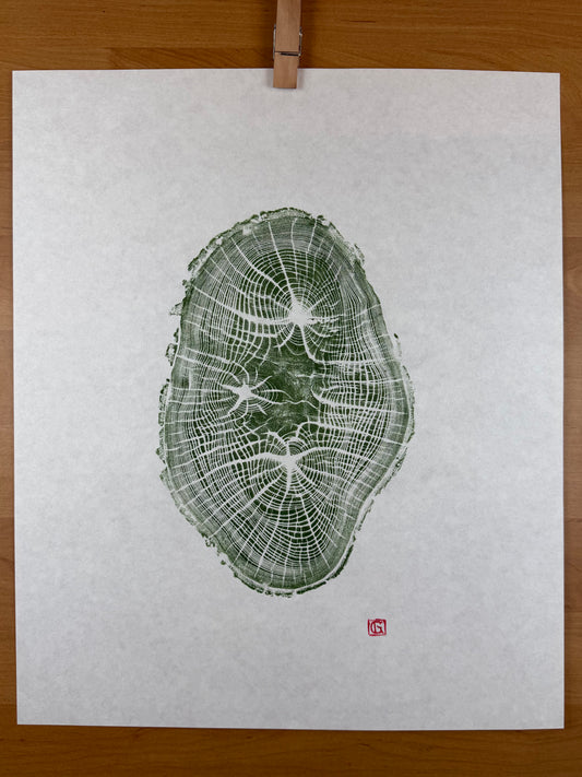 GrilloWoodPrint aus Eichenholz, handgedruckt mit einer grünen Relief ink Mischung