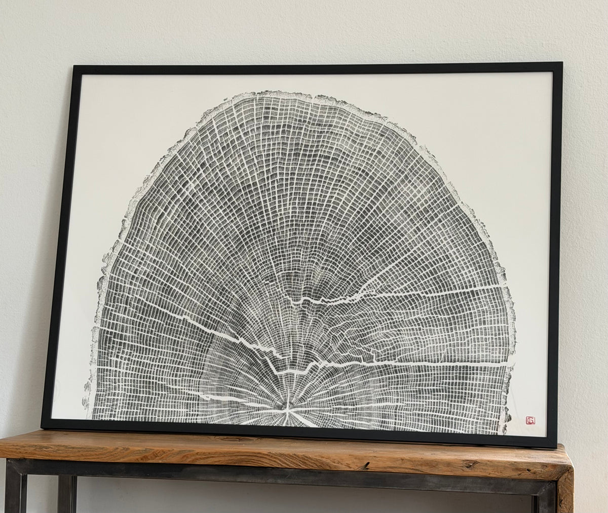 GrilloWoodPrint aus Eichenholz, handgedruckt mit einer schwarzen Relief-Ink-Mischung auf hochwertigem Papier.