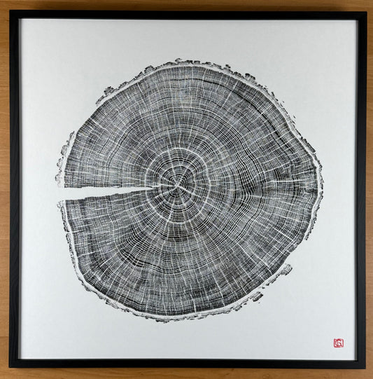 GrilloWoodPrint aus Eichenholz, handgedruckt mit einer schwarzen Relief-Ink-Mischung auf hochwertigem Papier. Im schwarzen Holzrahmen.