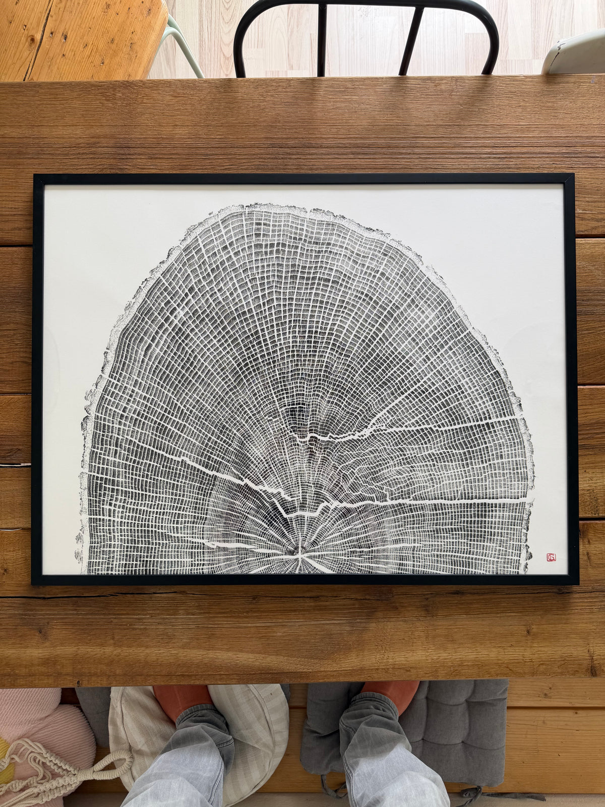 GrilloWoodPrint aus Eichenholz, handgedruckt mit einer schwarzen Relief-Ink-Mischung auf hochwertigem Papier.