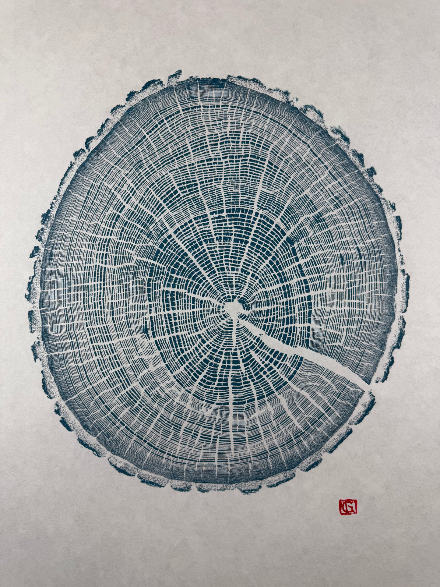GrilloWoodPrint aus Eichenholz, handgedruckt mit einer blauen Relief-Ink-Mischung auf hochwertigem Papier.