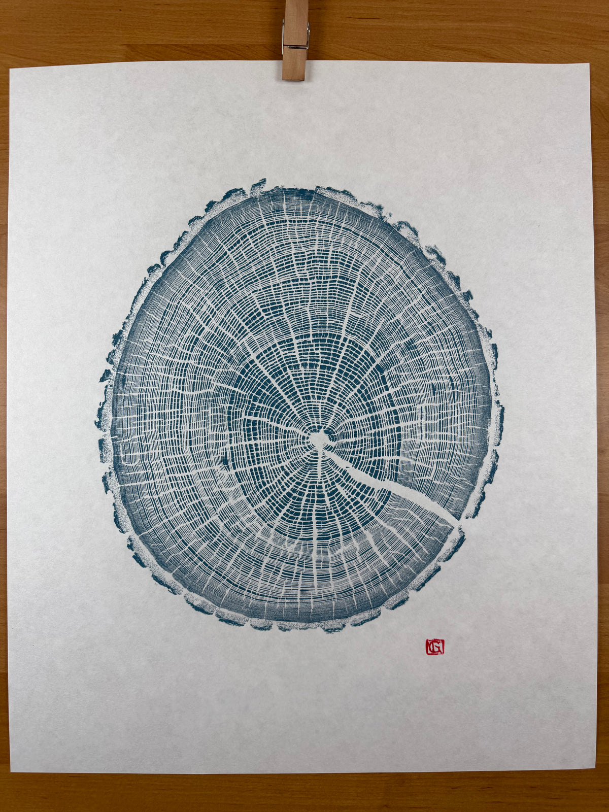 GrilloWoodPrint aus Eichenholz, handgedruckt mit einer blauen Relief-Ink-Mischung auf hochwertigem Papier.