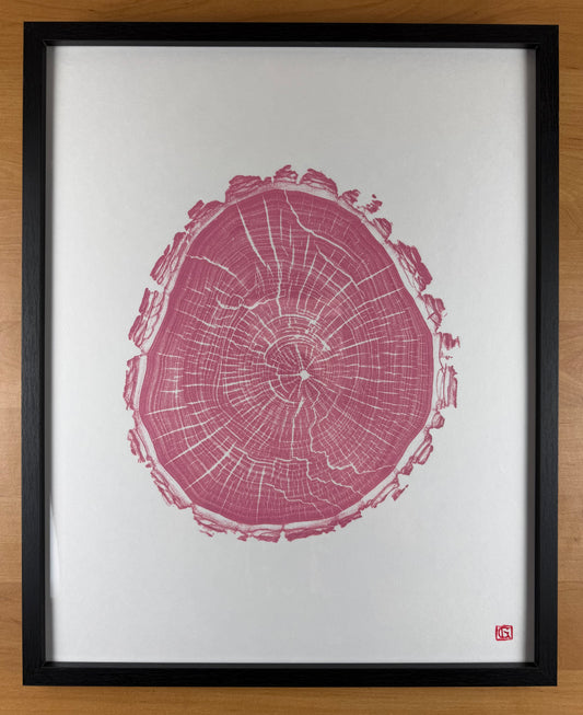 GrilloWoodPrint aus Nussbaumholz, handgedruckt mit einer pink-roten Relief-Ink-Mischung auf hochwertigem Papier im schwarzen Holzrahmen.