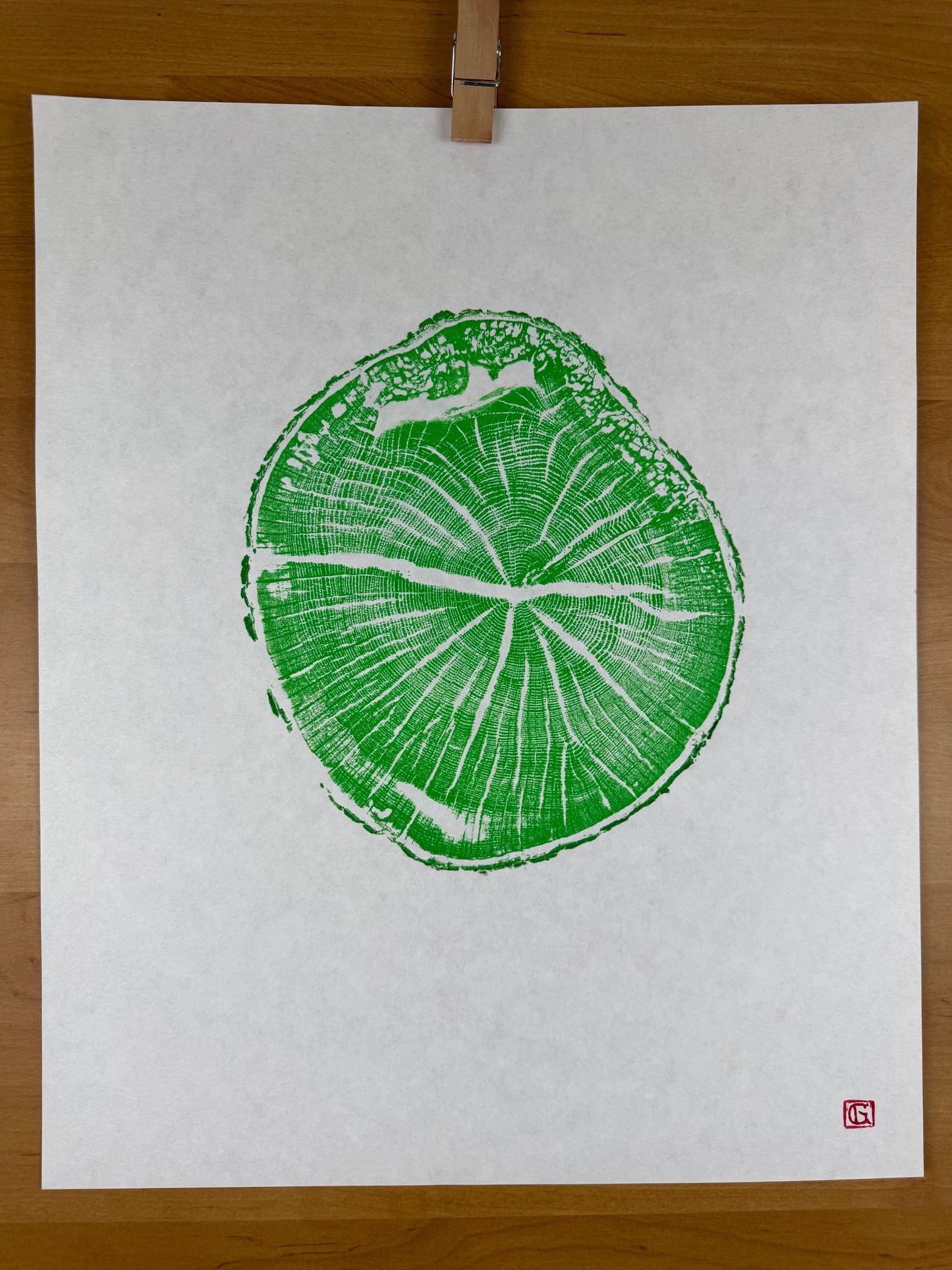 GrilloWoodPrint aus Eichenholz, handgedruckt mit einer grünen Relief ink Mischung