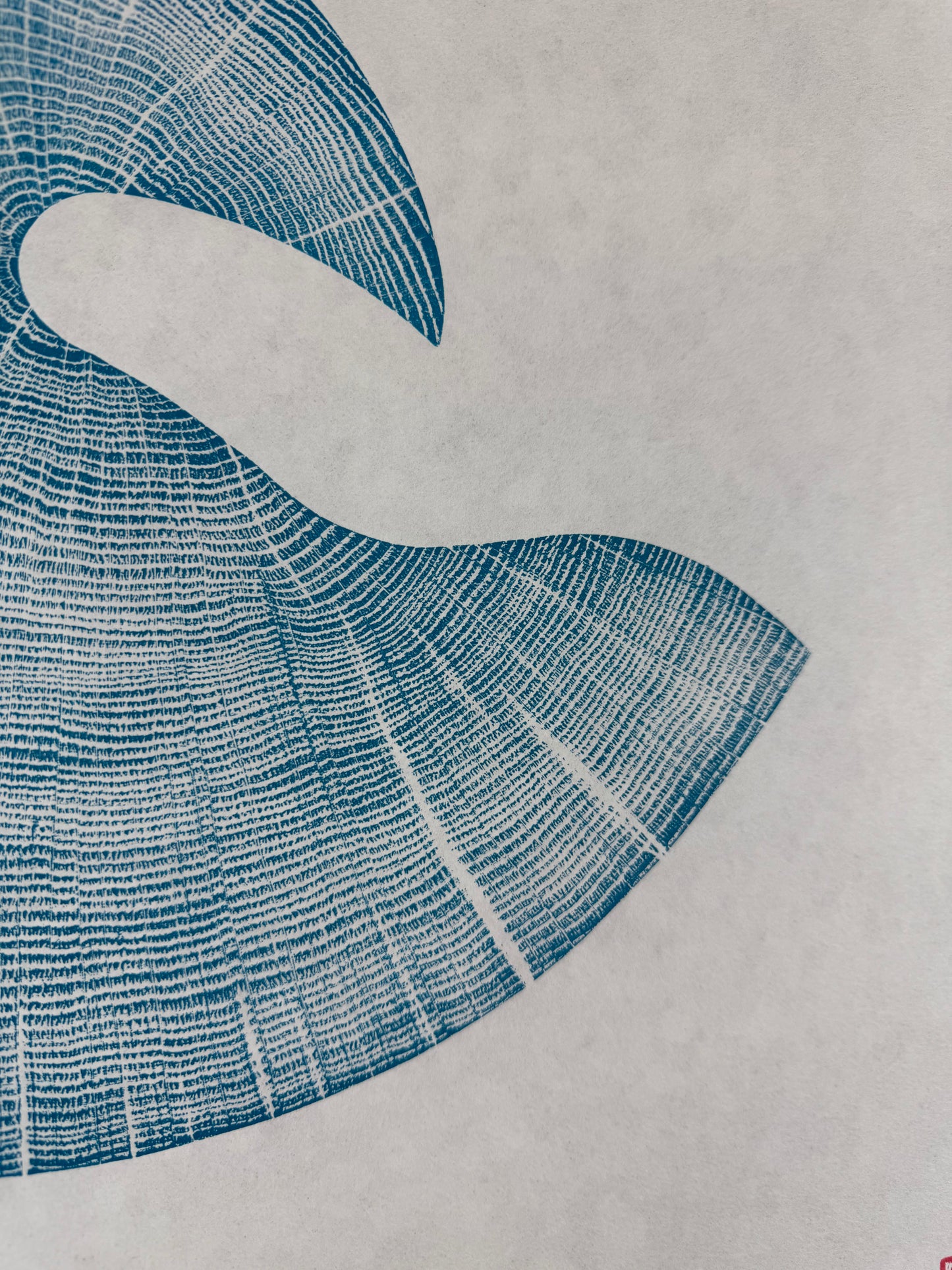 GrilloWoodPrint aus Eichenholz, handgedruckt mit einer blauen Relief ink Mischung