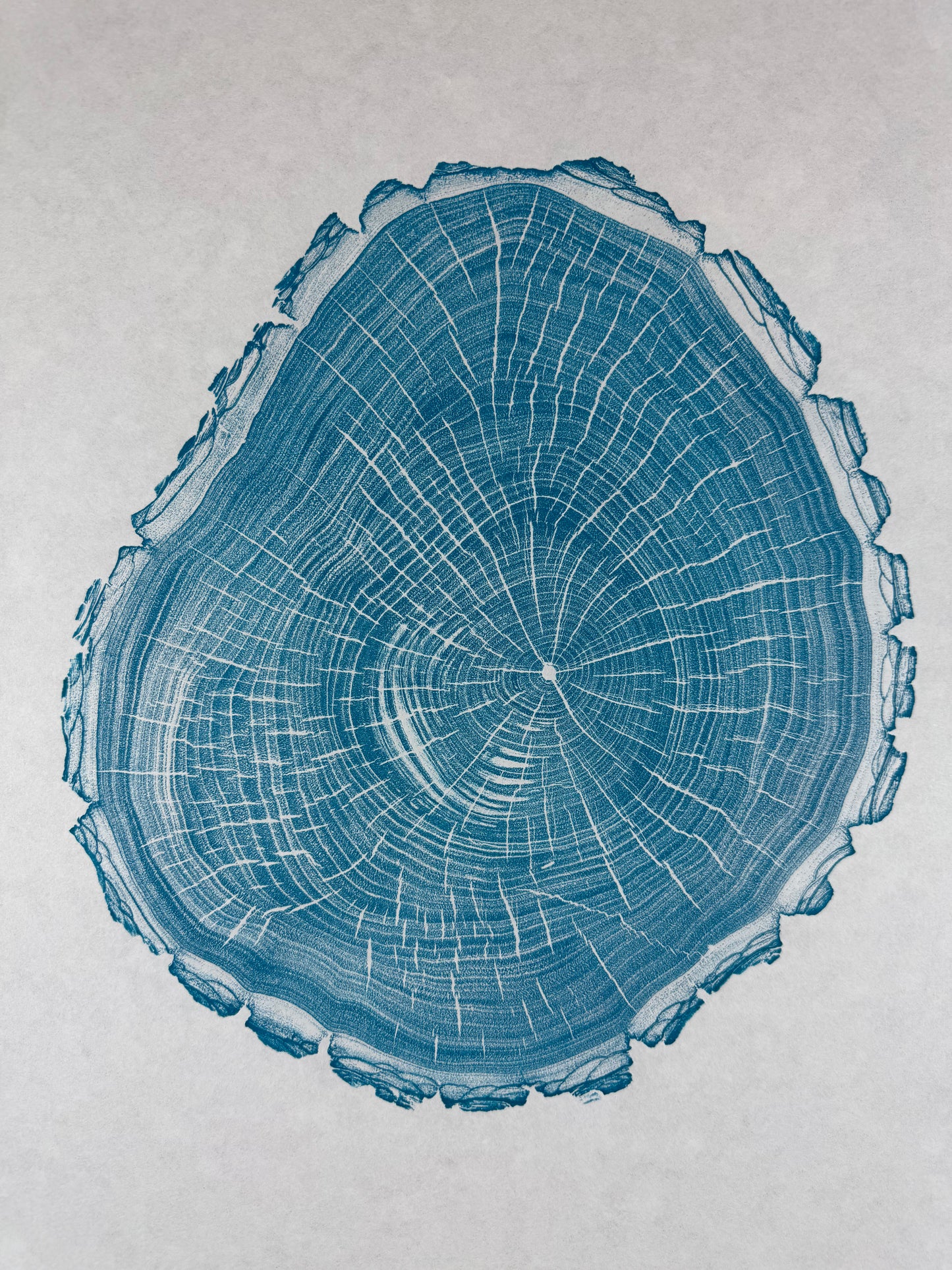 GrilloWoodPrint aus Nussbaumholz, handgedruckt mit einer blauen relief ink Mischung.