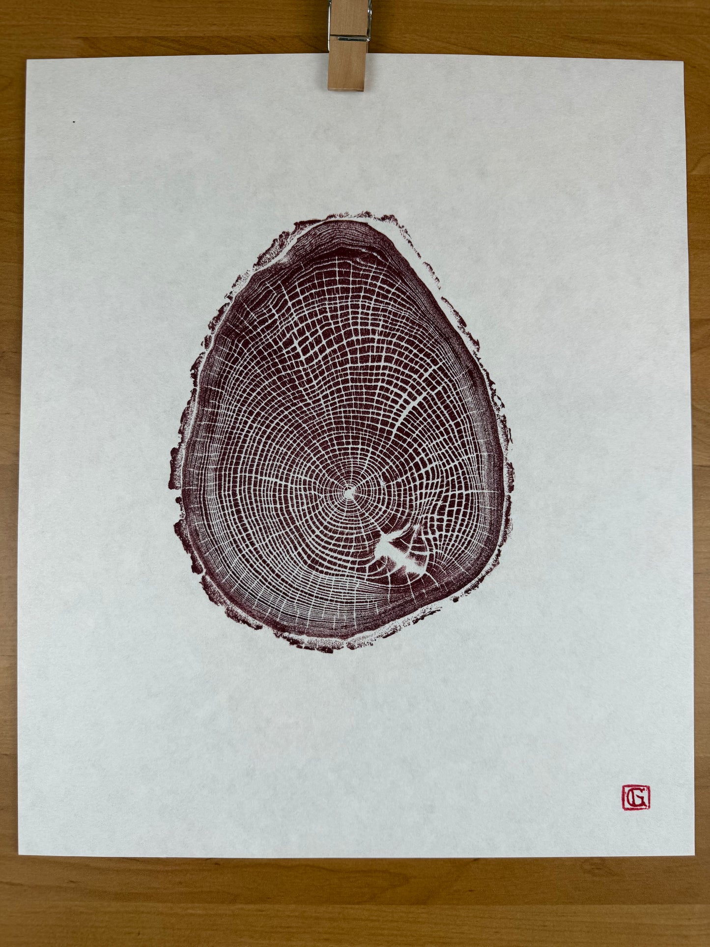 GrilloWoodPrint aus Kirschholz, handgedruckt mit einer blau roten relief ink Mischung. (Kopie)