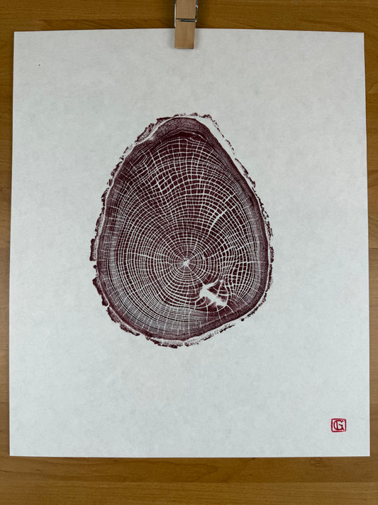 GrilloWoodPrint aus Kirschholz, handgedruckt mit einer blau roten relief ink Mischung.