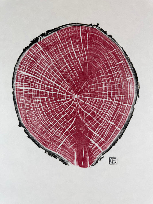 GrilloWoodPrint aus Kirschholz, handgedruckt mit einer rot schwarzen relief ink Mischung.