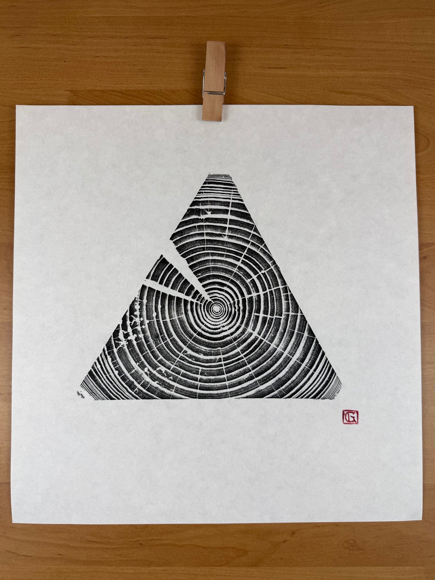 GrilloWoodPrint aus Eschenholz, handgedruckt mit einer schwarzen Relief-Ink-Mischung auf hochwertigem Papier.