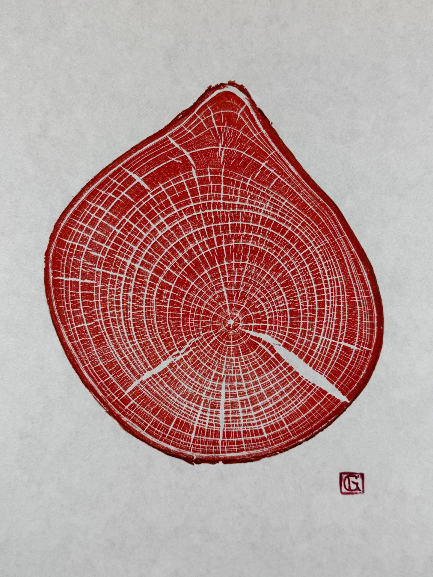 Red raindrop GrilloWoodPrint aus Kirschholz, handgedruckt mit einer rot orangen Relief-Ink-Mischung auf hochwertigem Papier.