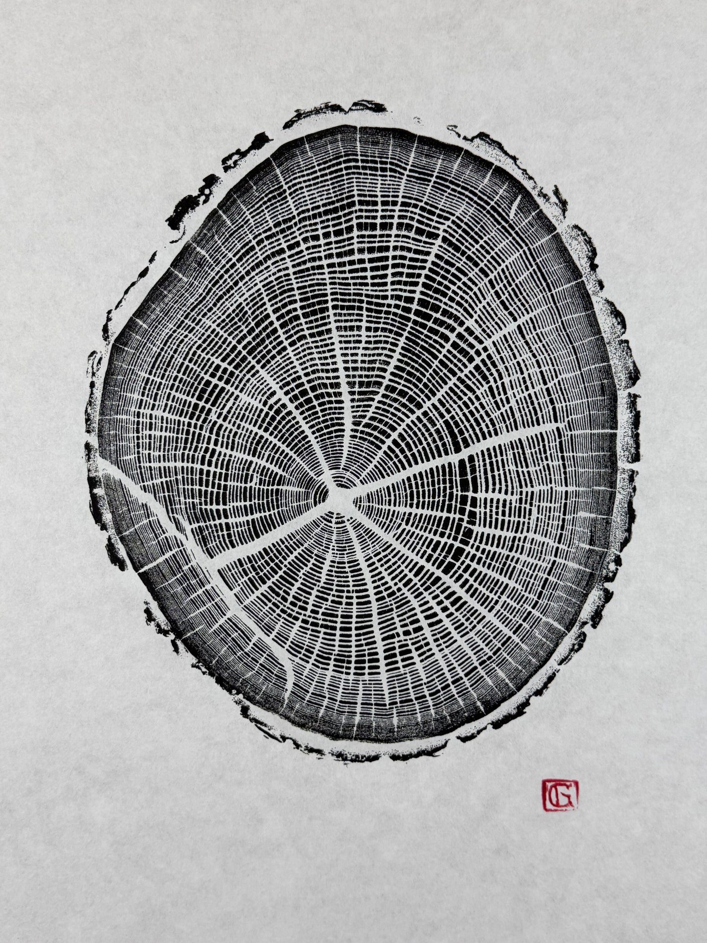 Schwarz und weiß GrilloWoodPrint aus Eichenholz, handgedruckt mit einer schwarzen Relief-Ink-Mischung auf hochwertigem Papier.