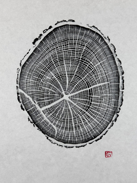 Schwarz und weiß GrilloWoodPrint aus Eichenholz, handgedruckt mit einer schwarzen Relief-Ink-Mischung auf hochwertigem Papier.