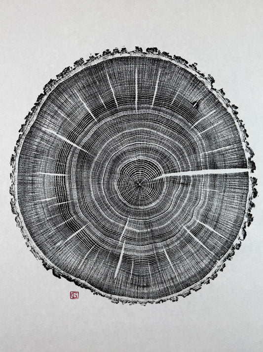 Schwarz und weiß GrilloWoodPrint aus Eichenholz, handgedruckt mit einer schwarzen Relief-Ink-Mischung auf hochwertigem Papier.