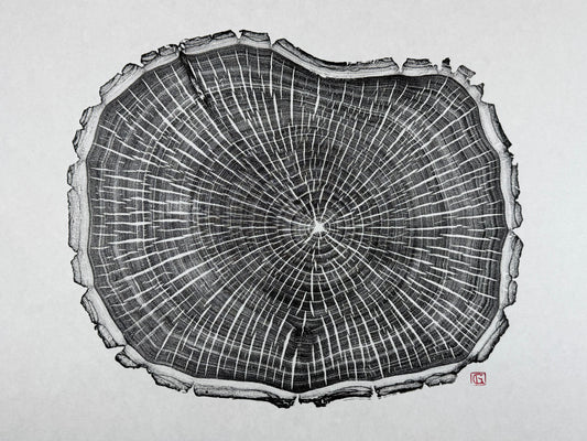 Schwarz und weiß GrilloWoodPrint aus Kirschholz, handgedruckt mit einer schwarzen Relief-Ink-Mischung auf hochwertigem Papier.