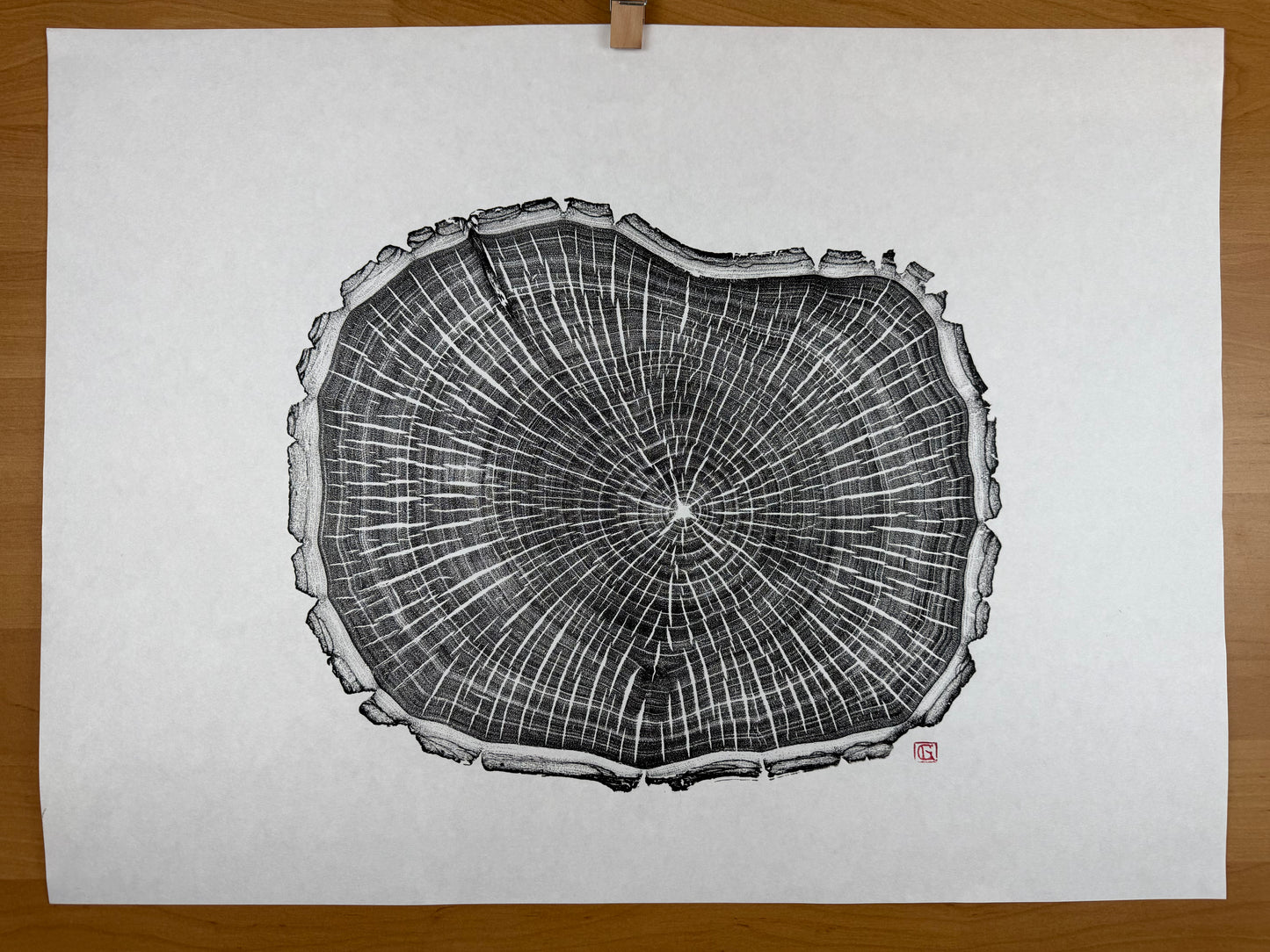Schwarz und weiß GrilloWoodPrint aus Kirschholz, handgedruckt mit einer schwarzen Relief-Ink-Mischung auf hochwertigem Papier.