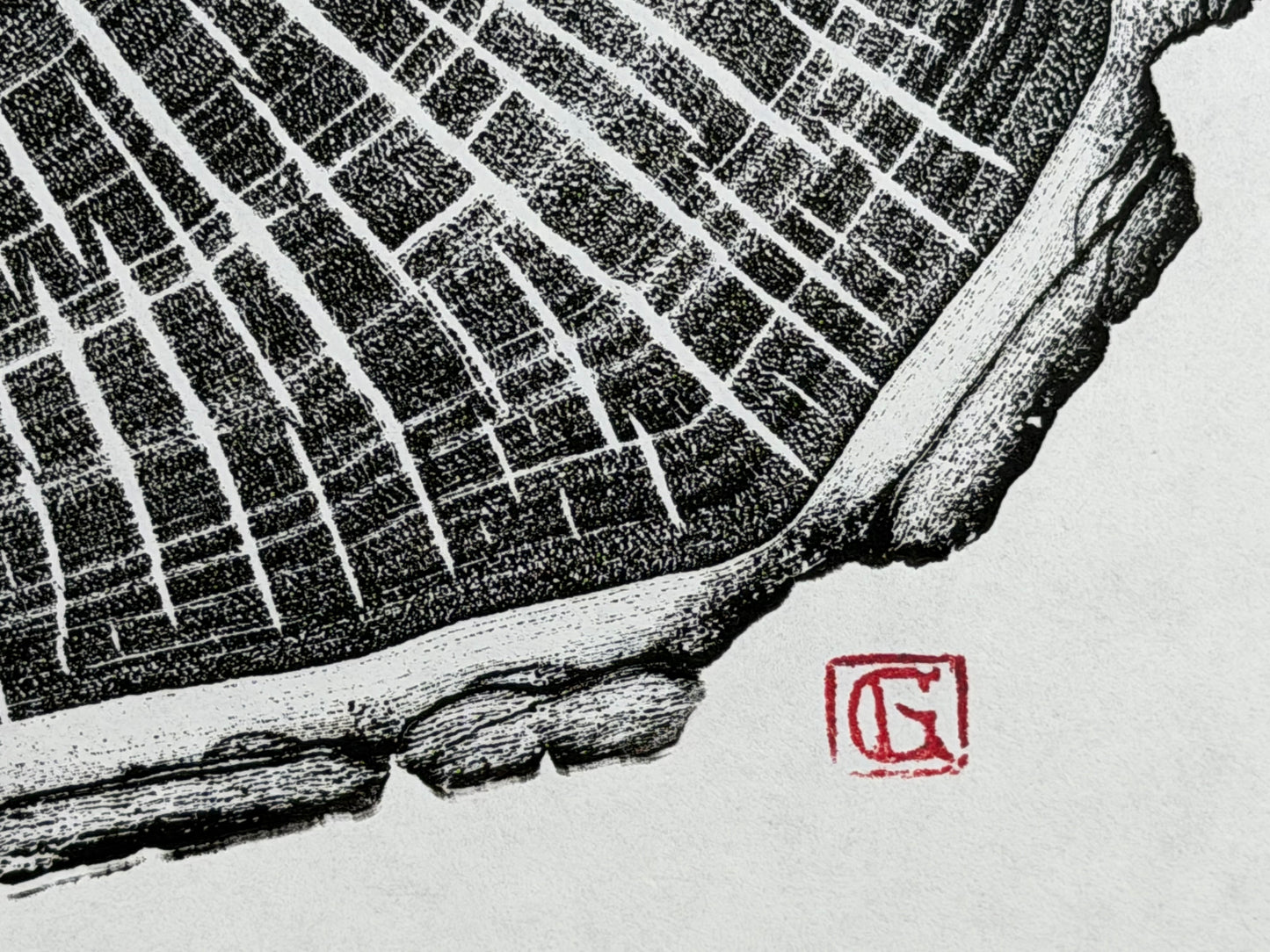 Schwarz und weiß GrilloWoodPrint aus Kirschholz, handgedruckt mit einer schwarzen Relief-Ink-Mischung auf hochwertigem Papier.