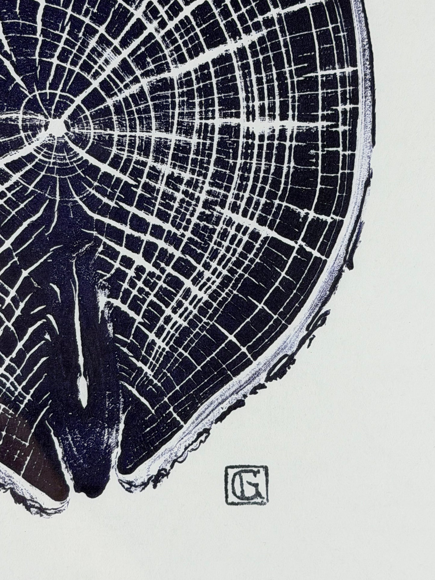 GrilloWoodPrint aus Kirschholz, handgedruckt mit einer schwarz-lila Relief-Ink-Mischung auf hochwertigem Papier im schwarzen Holzrahmen.