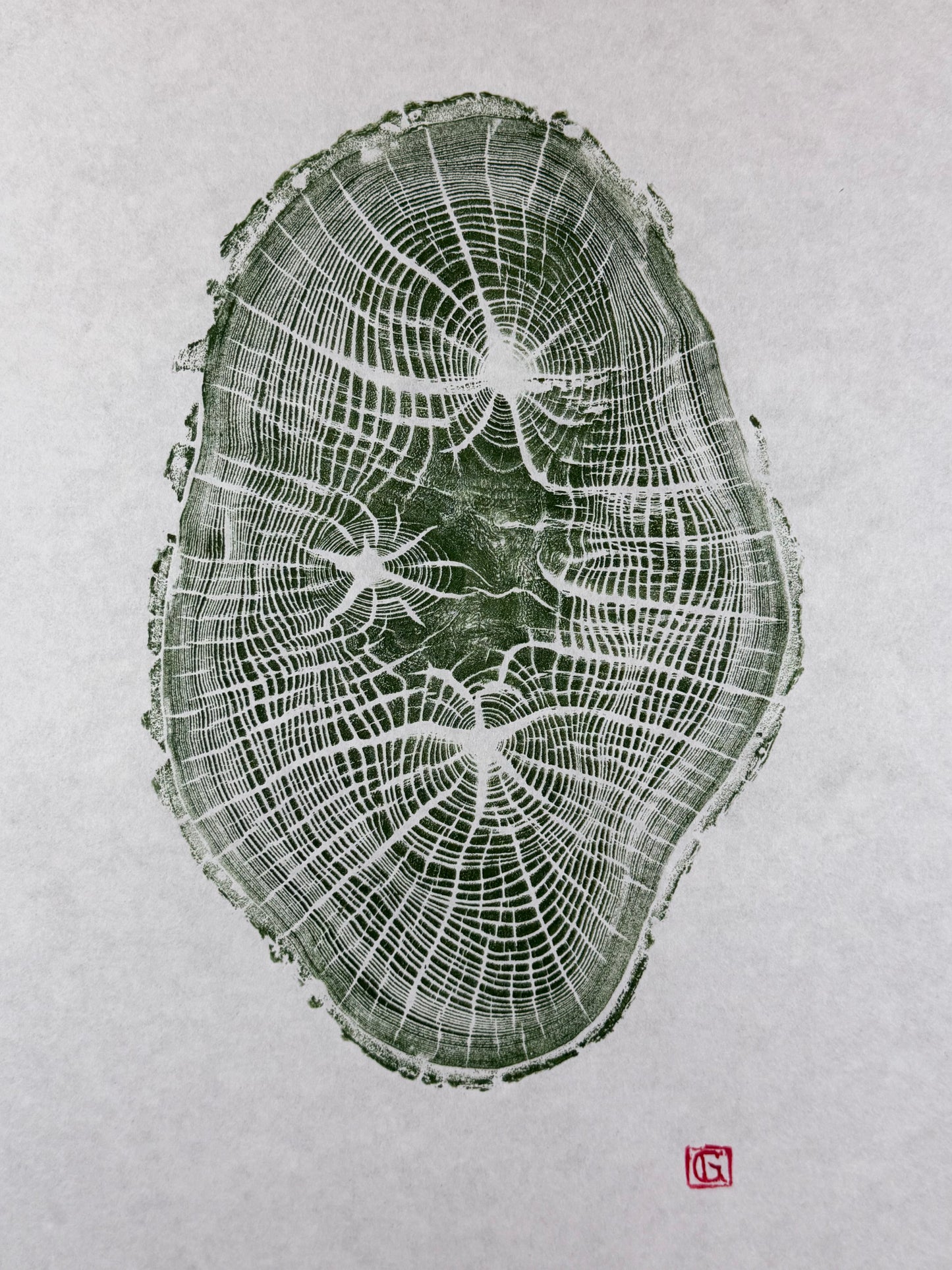 GrilloWoodPrint aus Eichenholz, handgedruckt mit einer grünen Relief ink Mischung