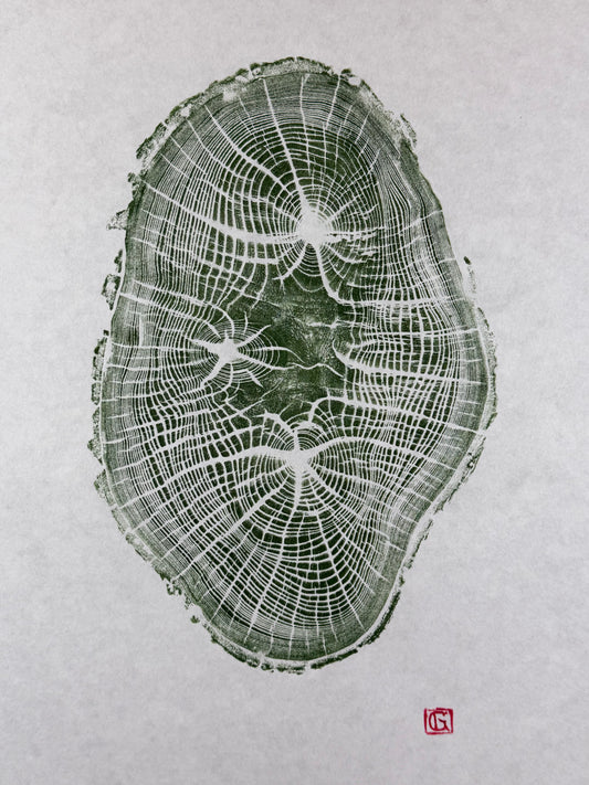 GrilloWoodPrint aus Eichenholz, handgedruckt mit einer grünen Relief ink Mischung