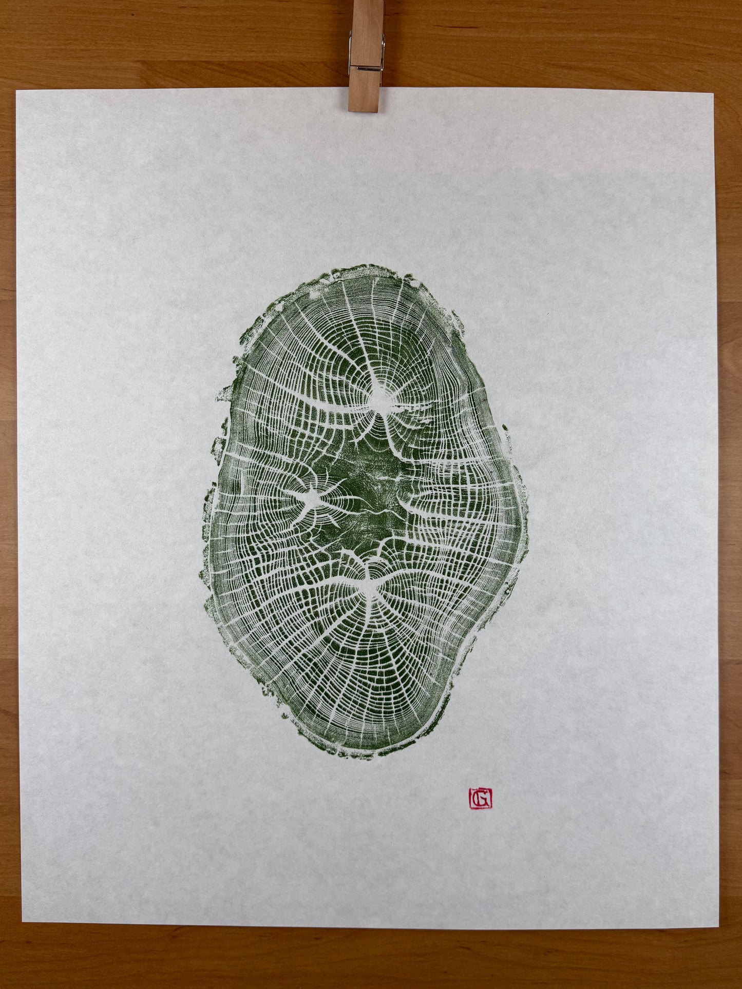 GrilloWoodPrint aus Eichenholz, handgedruckt mit einer grünen Relief ink Mischung