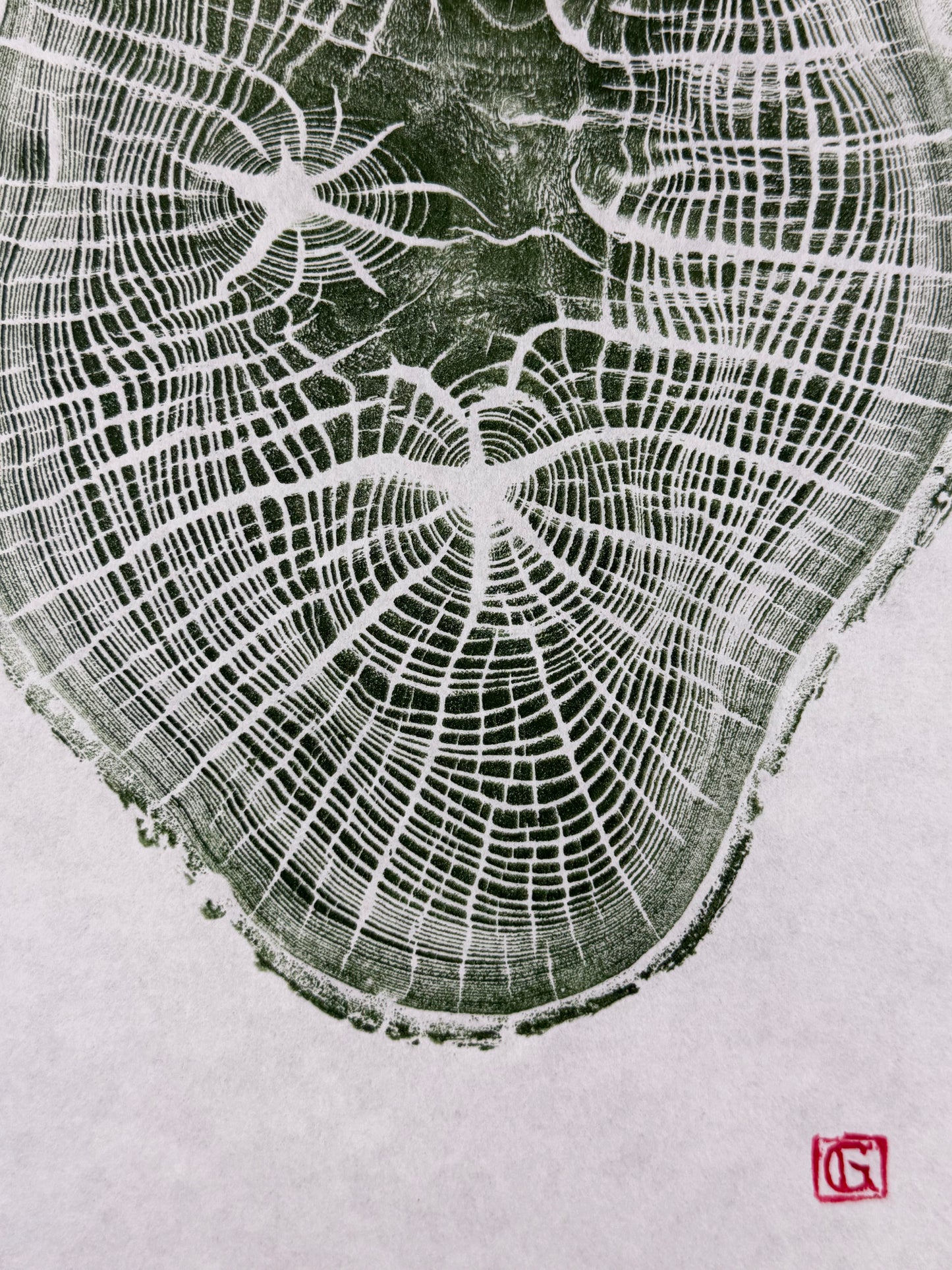 GrilloWoodPrint aus Eichenholz, handgedruckt mit einer grünen Relief ink Mischung